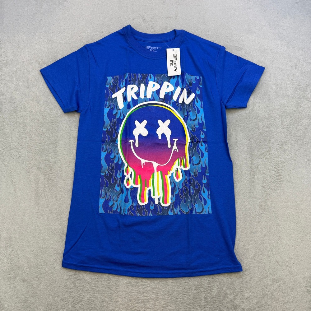 3FORTY Graphic‎ T Shirt Mens Small Blue Trippin Melting Smiley Face Paint Drip